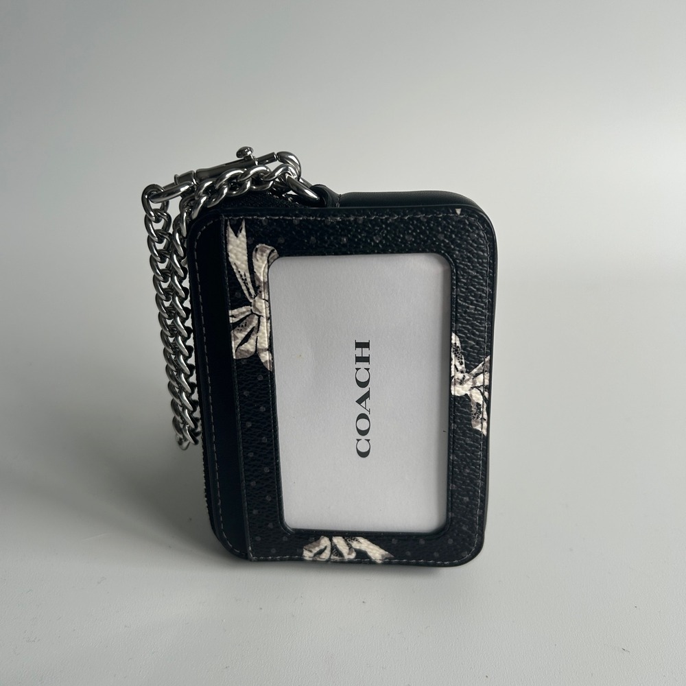 Coach Zip Card Case Black Bow Polka Dot Leather Wallet Excellent - Picture 2 of 4